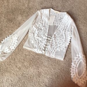 Sheer lace long sleeve crop top